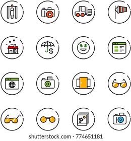line vector icon set - metal detector gate vector, camera, fork loader, side wind, house, insurance, dollar smile, website, browser globe, doors, sunglasses, photo
