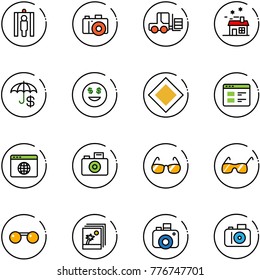 line vector icon set - metal detector gate vector, camera, fork loader, house, insurance, dollar smile, main road sign, website, browser globe, sunglasses, photo
