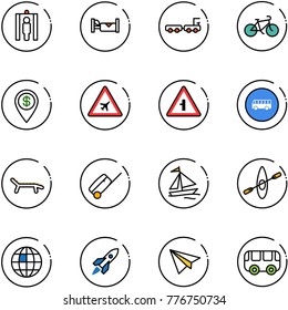 line vector icon set - metal detector gate vector, hotel, baggage truck, bike, dollar pin, airport road sign, intersection, bus, lounger, suitcase, sail boat, kayak, globe, rocket, paper plane, toy