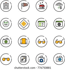 line vector icon set - metal detector gate vector, side wind, house, insurance, dollar smile, main road sign, website, browser globe, camera, doors, sunglasses, photo