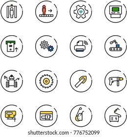 line vector icon set - metal detector gate vector, travolator, heart gear, atm, printer wireless, conveyor, robot, saw disk, tile drill, machine, jig, generator, winch, welding