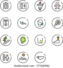 line vector icon set - metal detector gate vector, elevator, santa claus, cake man, pull ups, abdominal muscles, medical mask, head hunter, career, brain work, garbage, success, opportunity, reading