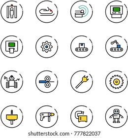 line vector icon set - metal detector gate vector, snowmobile, mri, atm, gear, conveyor, robot, steel rolling, wood drill, saw disk, crown, machine, tool