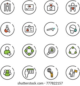 line vector icon set - metal detector gate vector, credit card, terrorism, baby, disabled, identity, push ups, medical mask, user login, friends, head hunter, community, group, presentation, world
