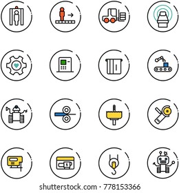 line vector icon set - metal detector gate vector, travolator, fork loader, mri, heart gear, atm, conveyor, robot, steel rolling, crown drill, Angular grinder, jig saw, generator, winch