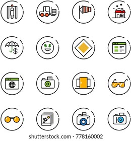 line vector icon set - metal detector gate vector, fork loader, side wind, house, insurance, dollar smile, main road sign, website, browser globe, camera, doors, sunglasses, photo
