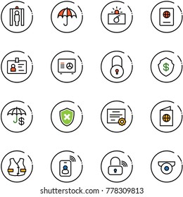 line vector icon set - metal detector gate vector, insurance, terrorism, passport, identity, safe, lock, shield cross, certificate, life vest, card, wireless, surveillance camera