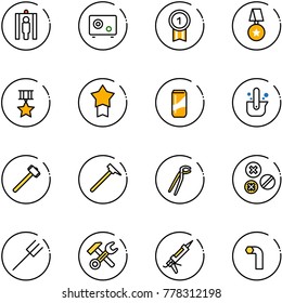 line vector icon set - metal detector gate vector, safe, gold medal, star, drink, casting of steel, sledgehammer, mason hammer, plumber, rivet, farm fork, wrench, gun sealant, allen key