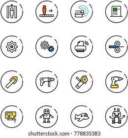 line vector icon set - metal detector gate vector, travolator, mri, atm, gear, printer wireless, steel rolling, tile drill, machine, Angular grinder, jig saw, robot, plane toy