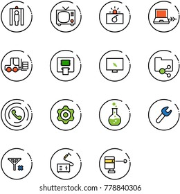 line vector icon set - metal detector gate vector, tv, terrorism, netabook connect, fork loader, atm, monitor cursor, shared folder, phone horn, gear, round flask, wrench, no signal, welding
