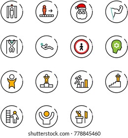 line vector icon set - metal detector gate vector, travolator, santa claus, power hand, pull ups, abdominal muscles, no pedestrian road sign, brain work, success, winner, career, opportunity