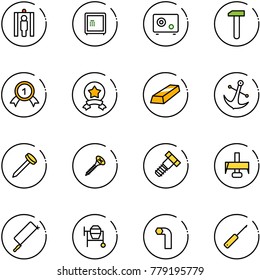 line vector icon set - metal detector gate vector, safe, work, gold medal, star, anchor, nail, screw, bolt, milling cutter, hacksaw, cocncrete mixer, allen key, awl