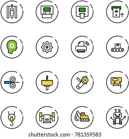 line vector icon set - metal detector gate vector, atm, brain work, gear, printer wireless, conveyor, steel rolling, crown drill, Angular grinder, jig saw, winch, sharpening, excavator toy, robot