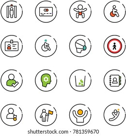 line vector icon set - metal detector gate vector, credit card, baby, disabled, identity, medical mask, no pedestrian road sign, user check, brain work, garbage, contact book, winner, win, success