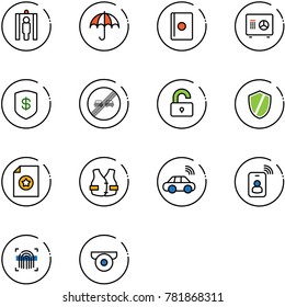 line vector icon set - metal detector gate vector, insurance, passport, safe, end overtake limit road sign, unlocked, shield, certificate, life vest, car wireless, identity card, fingerprint scanner