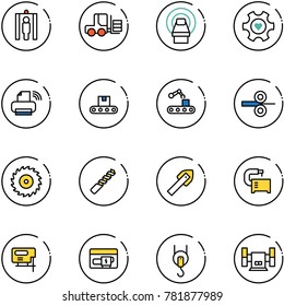line vector icon set - metal detector gate vector, fork loader, mri, heart gear, printer wireless, conveyor, steel rolling, saw disk, drill, tile, machine tool, jig, generator, winch, sharpening
