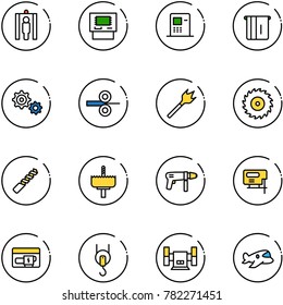 line vector icon set - metal detector gate vector, atm, gear, steel rolling, wood drill, saw disk, crown, machine, jig, generator, winch, sharpening, plane toy