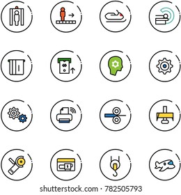 line vector icon set - metal detector gate vector, travolator, snowmobile, mri, atm, brain work, gear, printer wireless, steel rolling, milling cutter, Angular grinder, generator, winch, plane toy