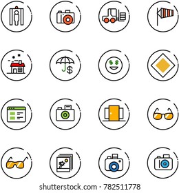 line vector icon set - metal detector gate vector, camera, fork loader, side wind, house, insurance, dollar smile, main road sign, website, doors, sunglasses, photo
