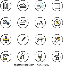 line vector icon set - metal detector gate vector, snowmobile, mri, atm, gear, printer wireless, conveyor, saw disk, milling cutter, drill, machine, Angular grinder, winch, robot
