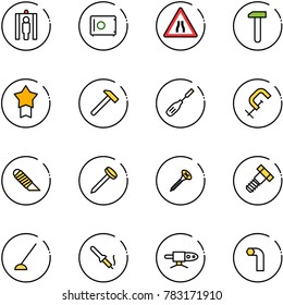 line vector icon set - metal detector gate vector, safe, Road narrows sign, work, star medal, hammer, chisel, clamp, knife, nail, screw, bolt, hoe, soldering iron, pipe welding, allen key