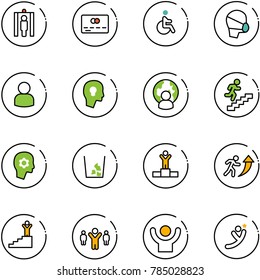 line vector icon set - metal detector gate vector, credit card, disabled, medical mask, user, head bulb, man globe, career, brain work, garbage, winner, success, team leader, flying