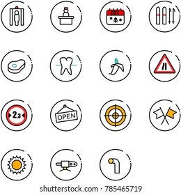 line vector icon set - metal detector gate vector, recieptionist, christmas calendar, ski, meat, tooth, banana, Road narrows sign, limited width, open, target, flags cross, sun, pipe welding