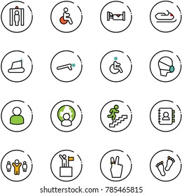 line vector icon set - metal detector gate vector, disabled, hotel, snowmobile, treadmill, push ups, medical mask, user, man globe, career, contact book, team leader, win, victory, feet