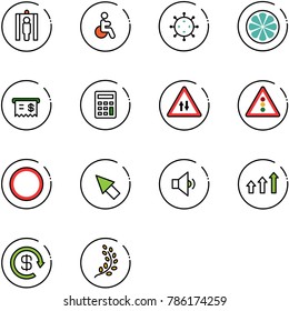line vector icon set - metal detector gate vector, disabled, virus, lemon slice, receipt, calculator, oncoming traffic road sign, light, prohibition, cursor, low volume, arrows up, dollar reload