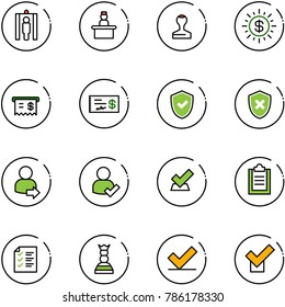 line vector icon set - metal detector gate vector, recieptionist, stamp, dollar sun, receipt, check, shield, cross, user login, clipboard, list, chess queen
