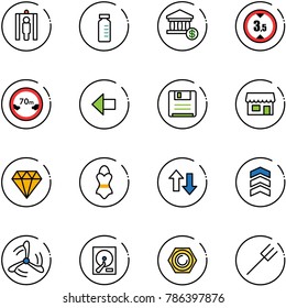line vector icon set - metal detector gate vector, vial, account, limited height road sign, distance, left arrow, save, store, diamond, swimsuit, up down arrows, chevron, wind mill, hdd, nut