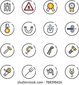 line vector icon set - metal detector gate vector, Road narrows sign, gold medal, star, luck, casting of steel, rolling, hammer, clamp, plumber, bolt, Angular grinder, farm fork, cocncrete mixer