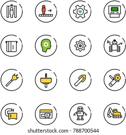 line vector icon set - metal detector gate vector, travolator, heart gear, atm, brain work, robot, wood drill, crown, tile, Angular grinder, machine tool, generator, excavator toy