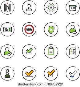 line vector icon set - metal detector gate vector, stamp, dollar sun, receipt, check, customs road sign, shield cross, user login, clipboard, list, chess queen