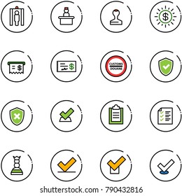 line vector icon set - metal detector gate vector, recieptionist, stamp, dollar sun, receipt, check, customs road sign, shield, cross, clipboard, list, chess queen