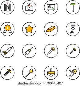 line vector icon set - metal detector gate vector, terrorism, safe, work, gold medal, star, piston, saw, screwdriver, nail, screw, wood drill, milling cutter, Angular grinder