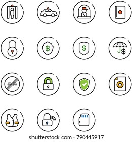line vector icon set - metal detector gate vector, safety car, officer window, passport, lock, safe, insurance, end overtake limit road sign, locked, shield check, certificate, life vest, wireless