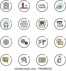 line vector icon set - metal detector gate vector, travolator, snowmobile, mri, heart gear, atm, drill machine, tool, jig saw, cocncrete mixer, generator, winch