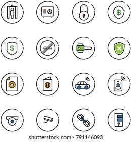 line vector icon set - metal detector gate vector, safe, lock, end overtake limit road sign, key, shield cross, certificate, passport, car wireless, identity card, surveillance camera, link, server