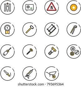 line vector icon set - metal detector gate vector, safe, Road narrows sign, star medal, gold, sledgehammer, bucksaw, plumber, screwdriver, screw, bolt, rivet, soldering iron, gun sealant