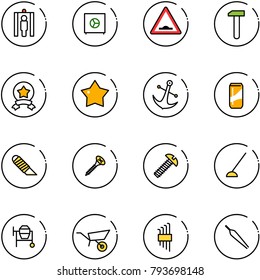 line vector icon set - metal detector gate vector, safe, artificial unevenness road sign, work, star medal, anchor, drink, knife, screw, hoe, cocncrete mixer, wheelbarrow, allen key set, forceps