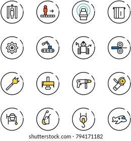 line vector icon set - metal detector gate vector, travolator, mri, atm, gear, conveyor, robot, steel rolling, wood drill, milling cutter, machine, Angular grinder, cocncrete mixer, winch, plane toy