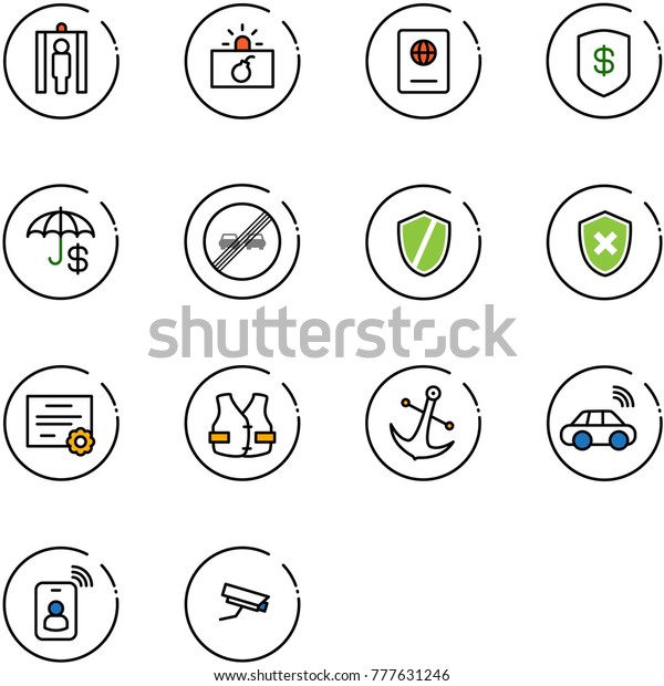 line vector icon set - metal detector gate vector,\
terrorism, passport, safe, insurance, end overtake limit road sign,\
shield, cross, certificate, life vest, anchor, car wireless,\
identity card
