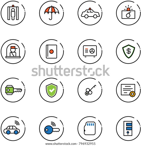 line\
vector icon set - metal detector gate vector, insurance, safety\
car, terrorism, officer window, passport, safe, key, shield check,\
certificate, wireless, micro flash card,\
server