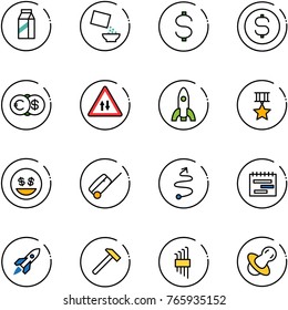 line vector icon set - milk vector, cereal, dollar, coin, euro, oncoming traffic road sign, rocket, star medal, money smile, suitcase, trip, terms plan, hammer, allen key set, soother