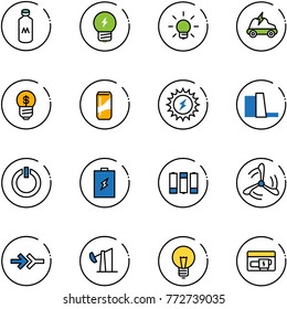line vector icon set - milk vector, idea, bulb, electric car, business, drink, sun power, water plant, standby button, battery, wind mill, connect, oil derrick, generator