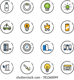 line vector icon set - milk vector, standby, idea, bulb, electric car, business, fire, drink, sun panel, power, water plant, battery, oil derrick, soldering iron, generator
