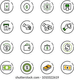 line vector icon set - mobile payment vector, safe, dollar sun, atm, card pay, cash, money back, wallet, purse
