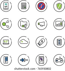 line vector icon set - mobile heart monitor vector, calculator, no parkin odd, shield, share, shared folder, loudspeaker, statistics, cloud, usb wi fi, chip, server, connect, game console, gamepad