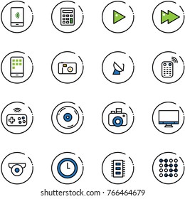 line vector icon set - mobile payment vector, calculator, play, fast forward, photo, satellite antenna, remote control, joystick wireless, cd, camera, monitor, surveillance, clock, chip, circuit